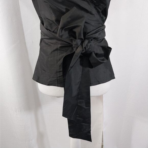 ANN TAYLOR! BLACK 100% SILK! WRAP AROUND TUE FRONT CRISS-CROSS BLOUSE! SZ 10 - Picture 4 of 8